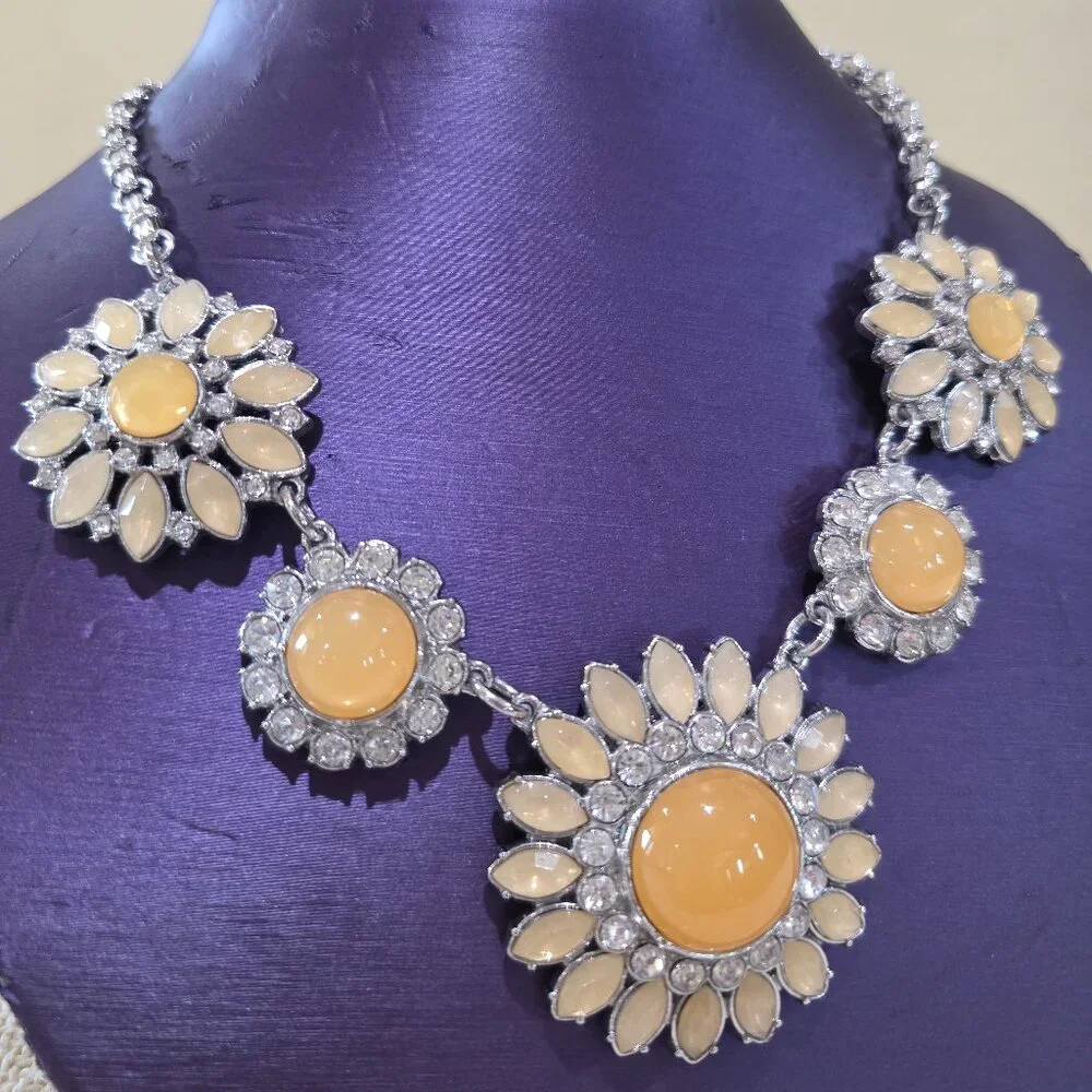 CHRISTINA'S JOY Rhinestone Sunflower Flower Floral Statement Runway Necklace